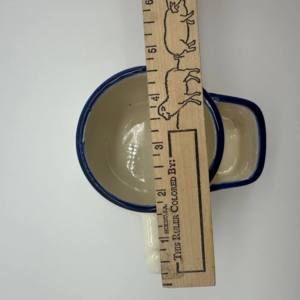 Vintage Ceramic Shaving Cream Mug with Side Brush Pocket Blue Rim Cream Pottery